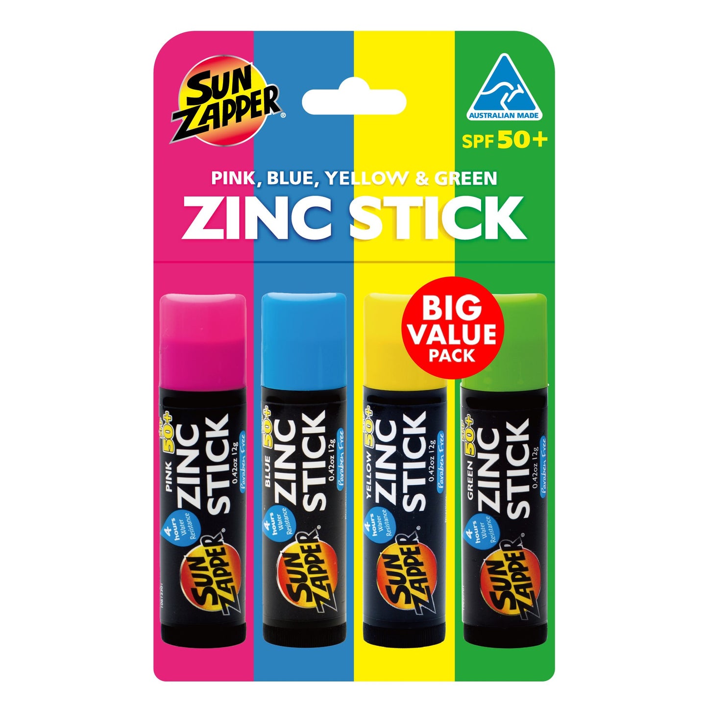 Rainbow Pack: Pink, Blue, Yellow & Green Zinc Stick SPF 50+